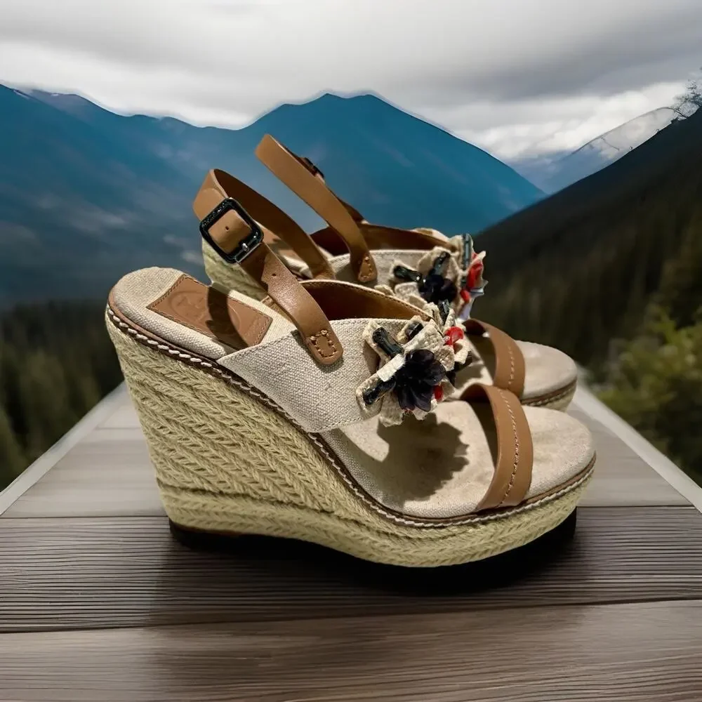 Tory Burch Canvas Leather Espadrille Wedge Sandal Size 8M Beige Brown
